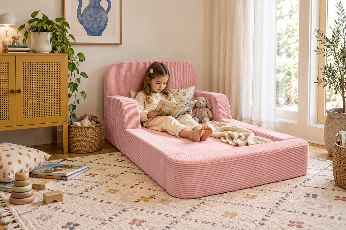 Girl reading on the Pink Ollaby kids floor couch in her bedroom