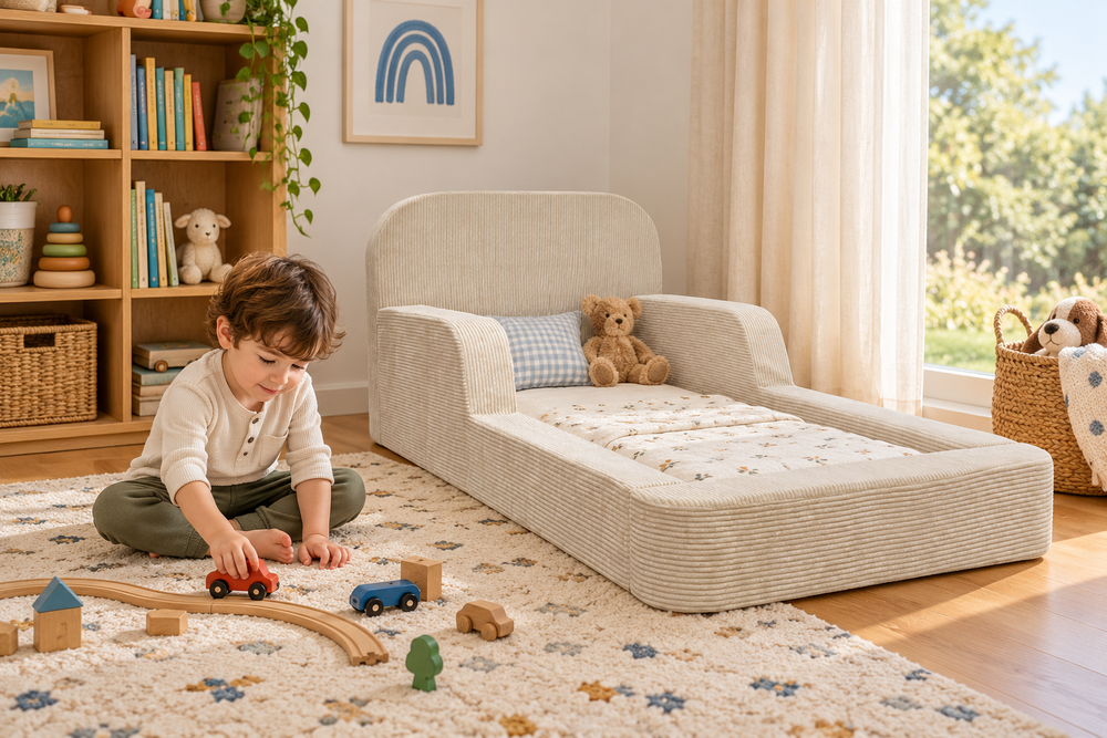 Boy playing beside the Cream Ollaby kids floor bed and play couch