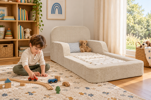 Boy playing beside the Cream Ollaby kids floor bed and play couch