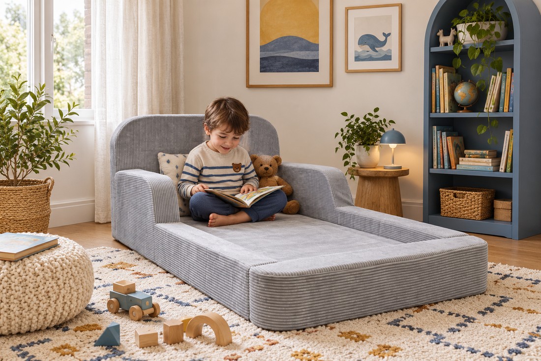Boy reading on the Light grey Ollaby kids floor couch in a reading corner