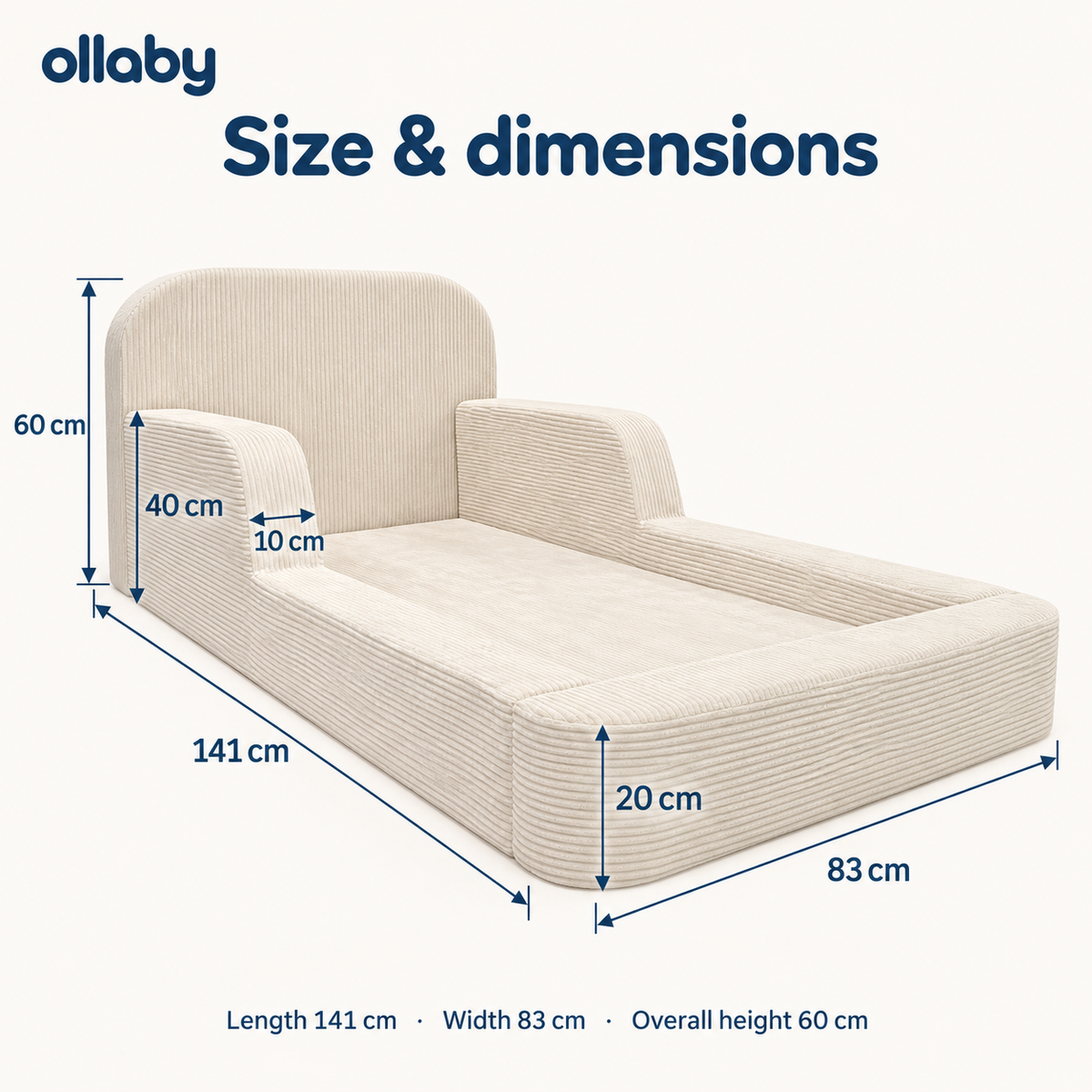Ollaby kids' lounger dimensions: 141 cm long, 83 cm wide, 60 cm high
