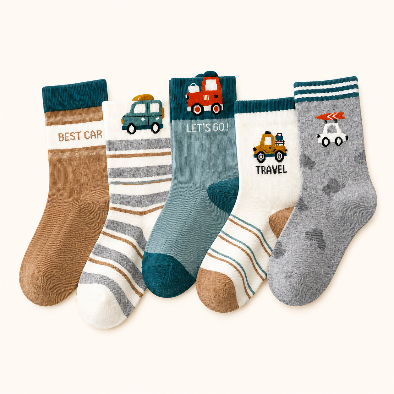 Ollaby Kids Vehicle Crew Socks – Soft Combed Cotton, 5 Pack