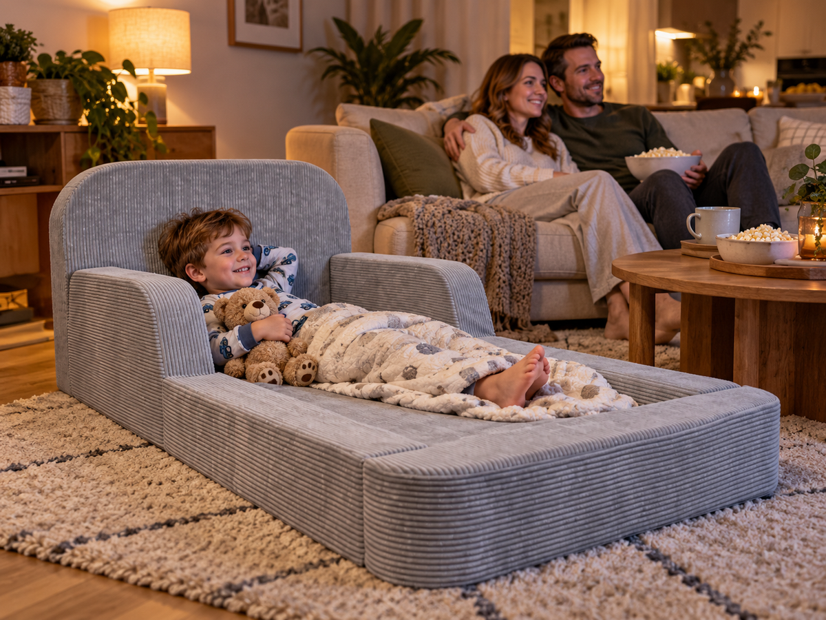 Family movie night with a child in the ollaby kids' floor bed beside the couch