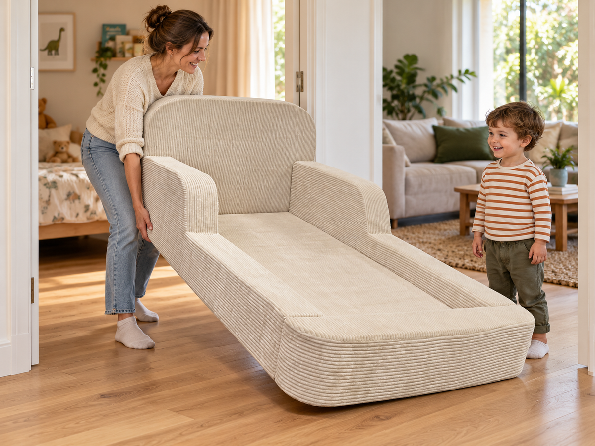 Mum moving the cream ollaby kids' floor bed to another room