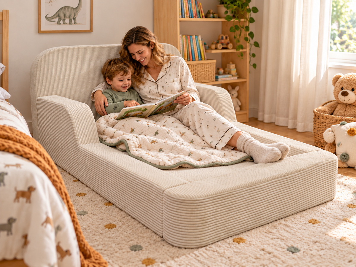 Mum reading a story beside her son in the ollaby kids' floor bed