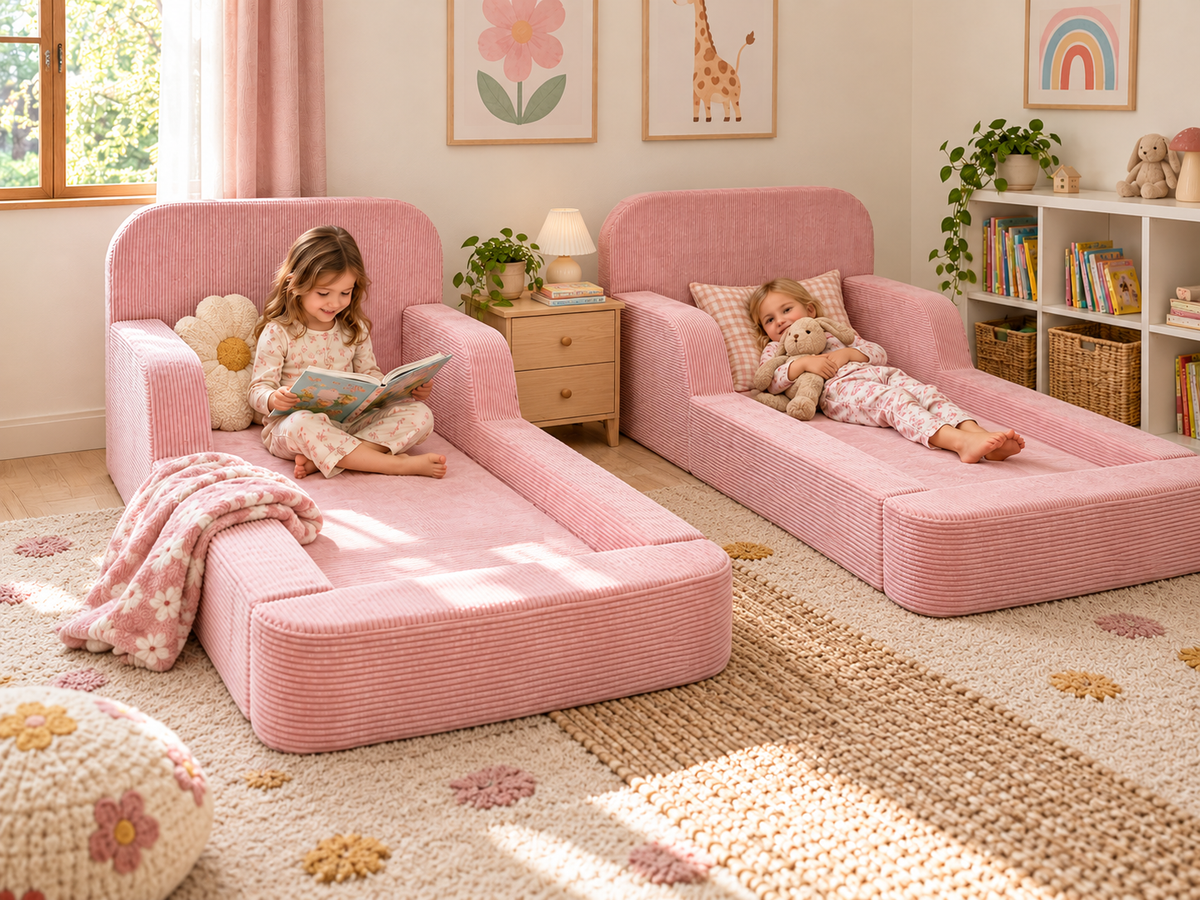 Two blush ollaby kids' floor beds side by side in a shared bedroom